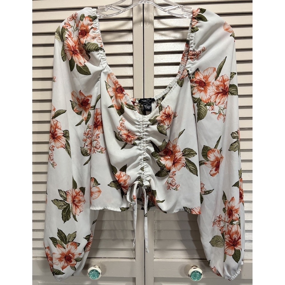 Rue 21 Floral Crop Top Long Chiffon Sleeves‎ Ruched Tie Size XL White/Orange